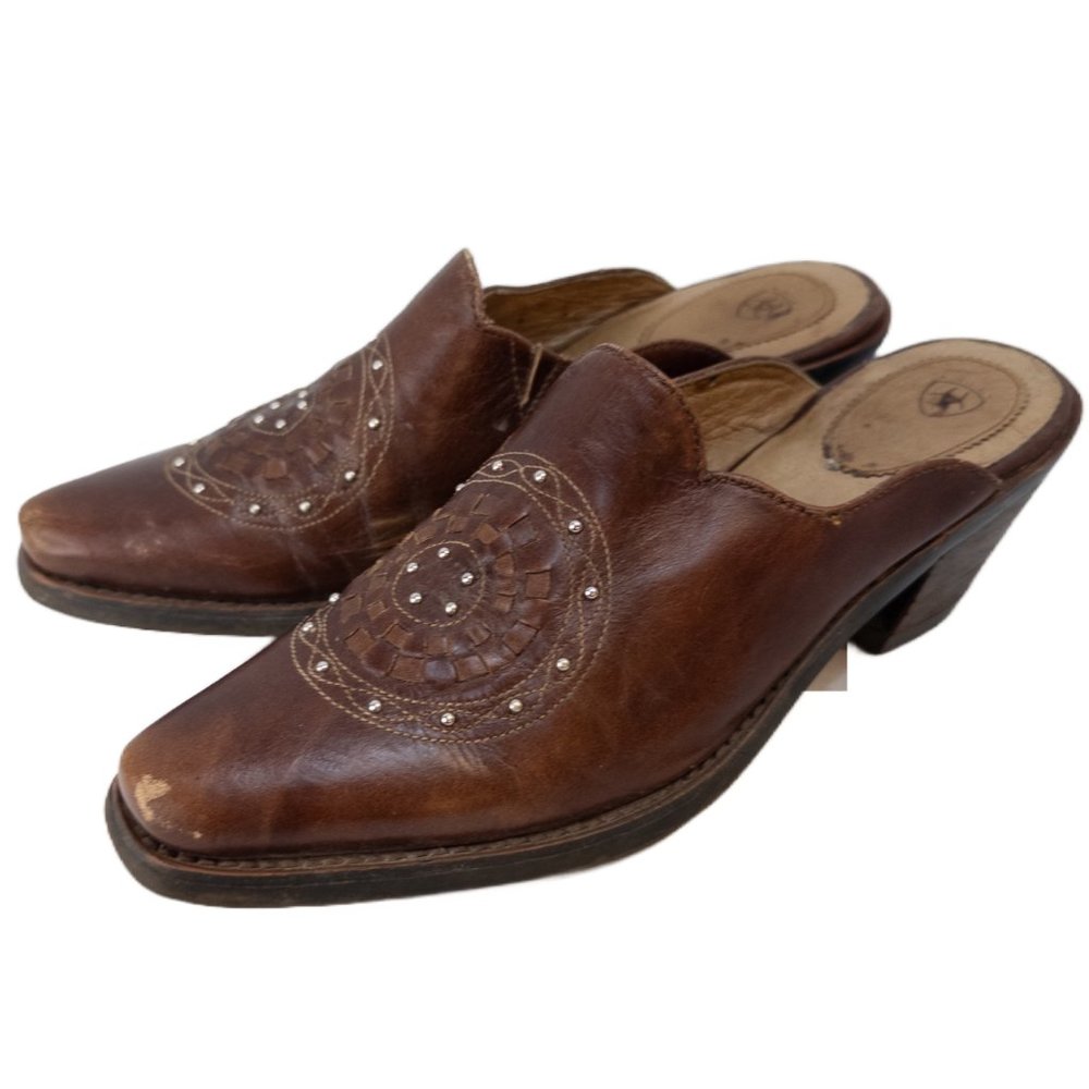 Ariat Womens Size 7 Mule Brown Leather Slip On Western Studded Medallion Heel